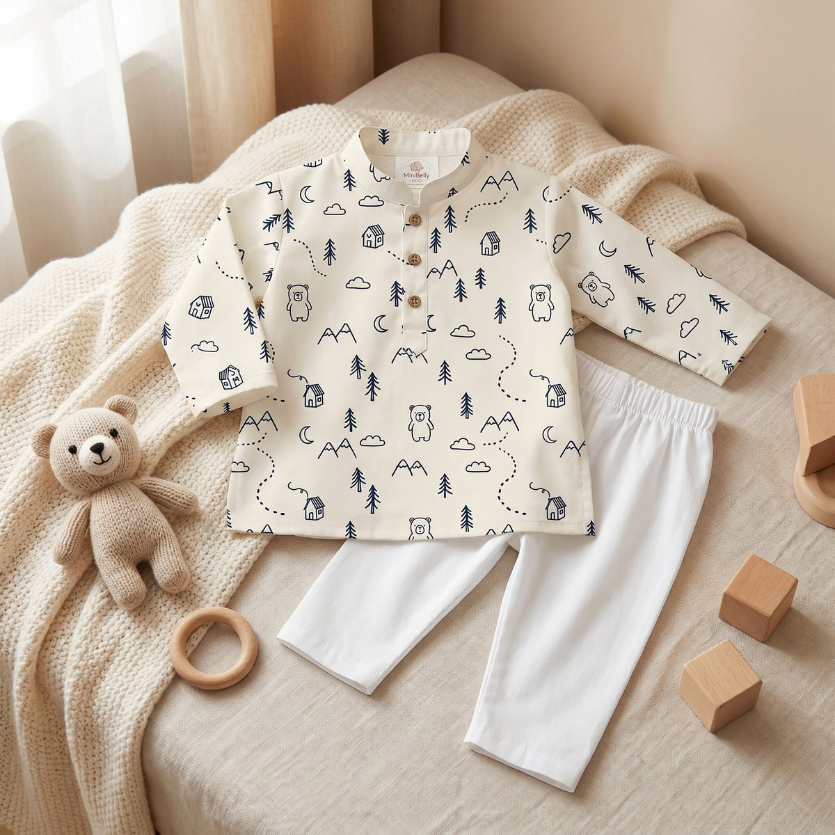 MiniBelly kids' cotton Kurta Pajama set with woodland bears, houses, and trees in soft striped fabric for ages 0-9 months.