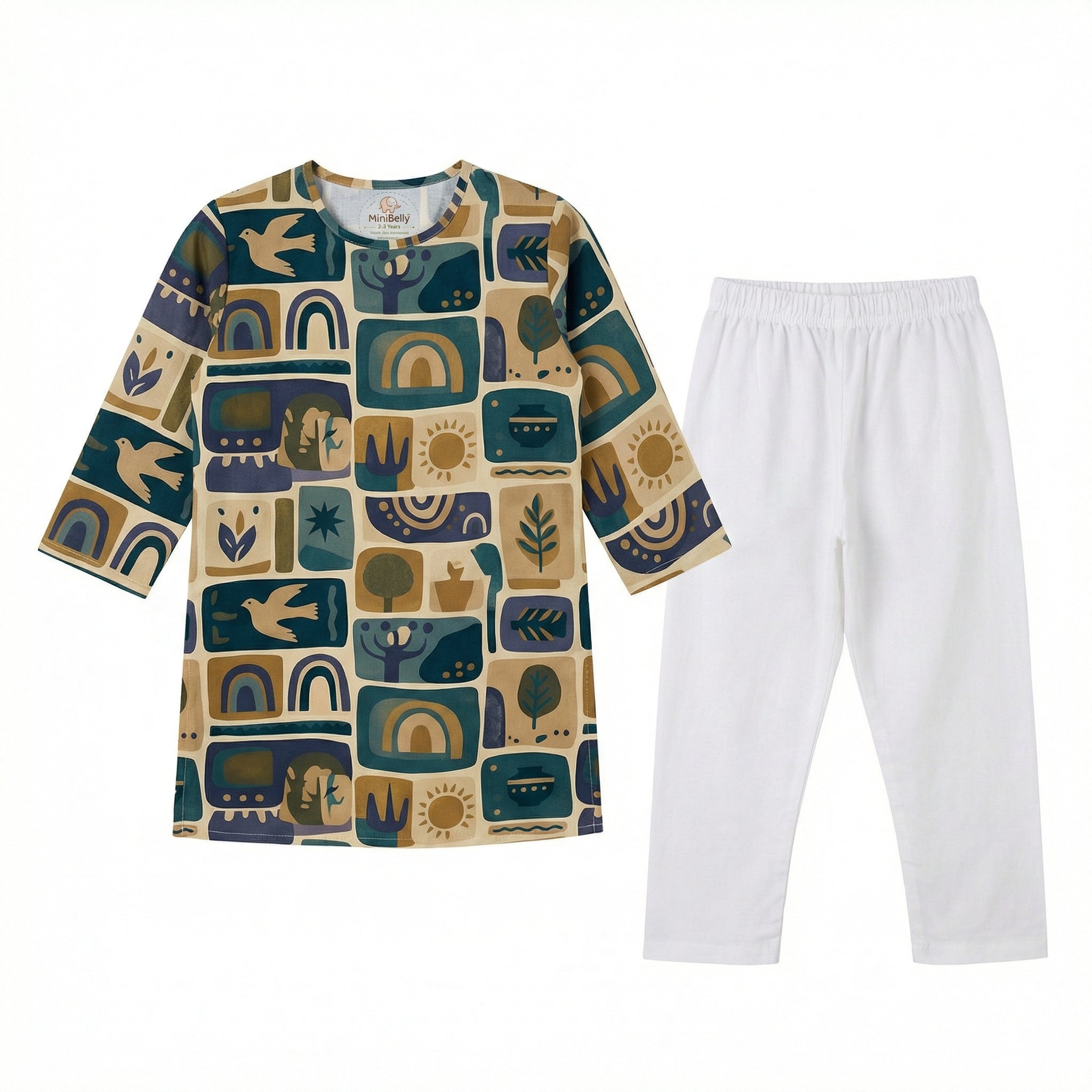 MiniBelly Kurta Pajama Set Geometric folk art collage with birds, sun, and nature motifs 100% Cotton - minibelly
