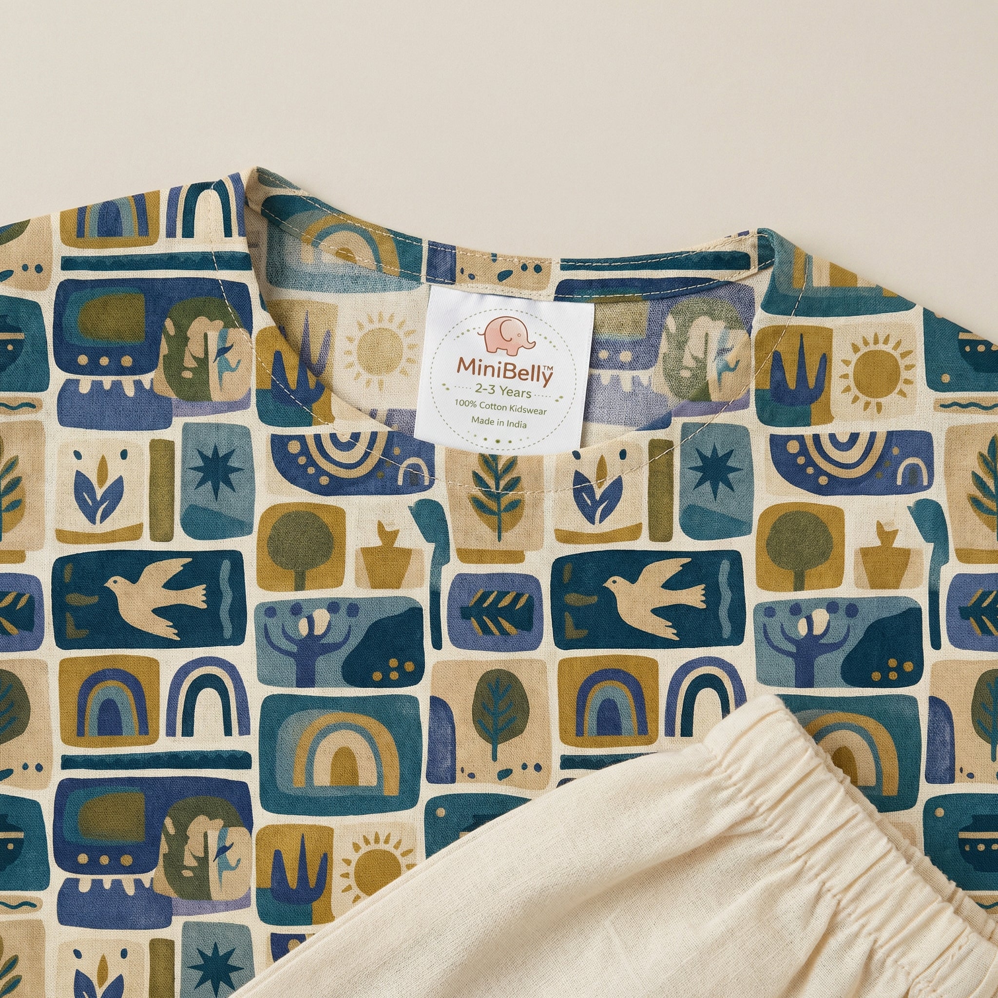 MiniBelly Kurta Pajama Set Geometric folk art collage with birds, sun, and nature motifs 100% Cotton - minibelly