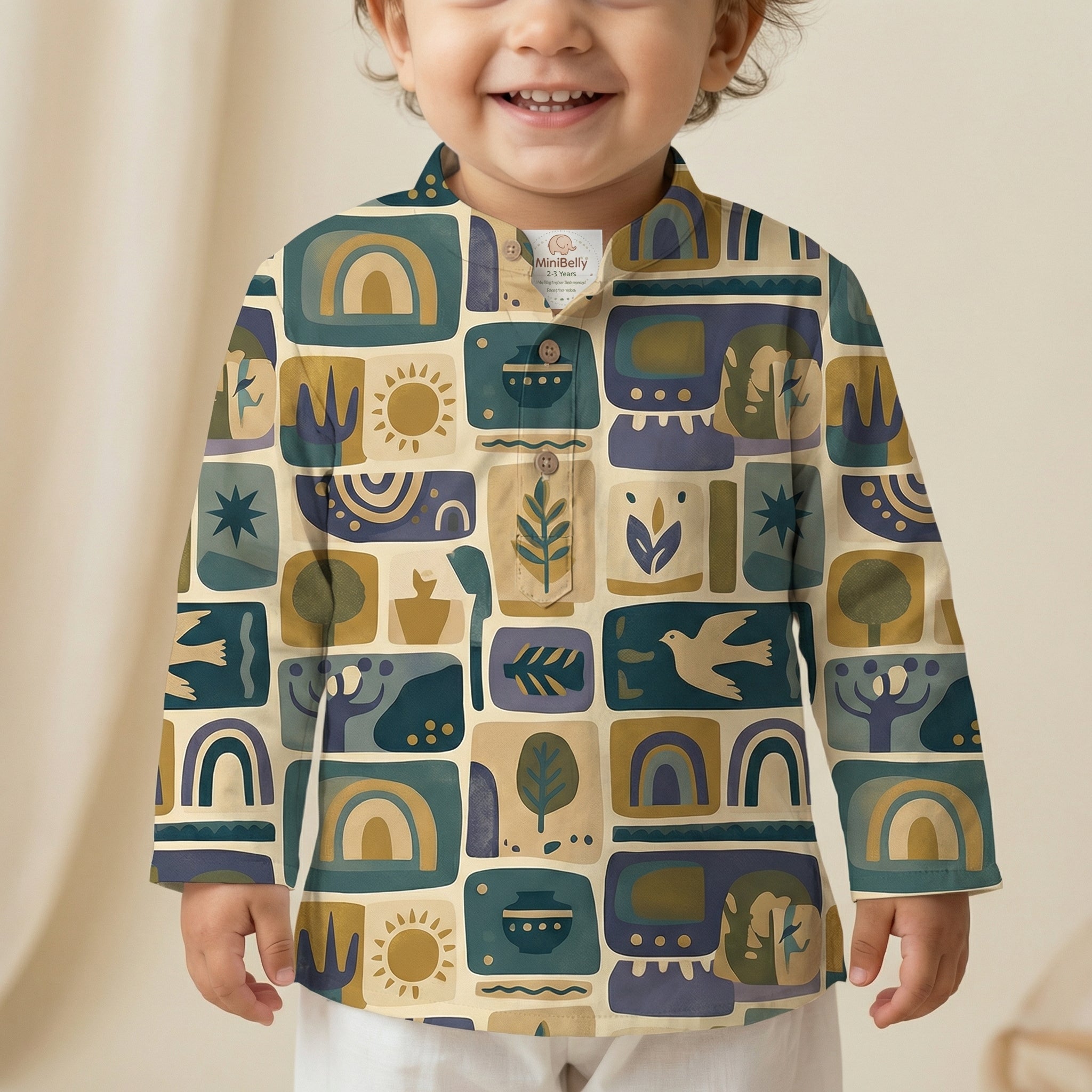 MiniBelly Kurta Pajama Set Geometric folk art collage with birds, sun, and nature motifs 100% Cotton - minibelly