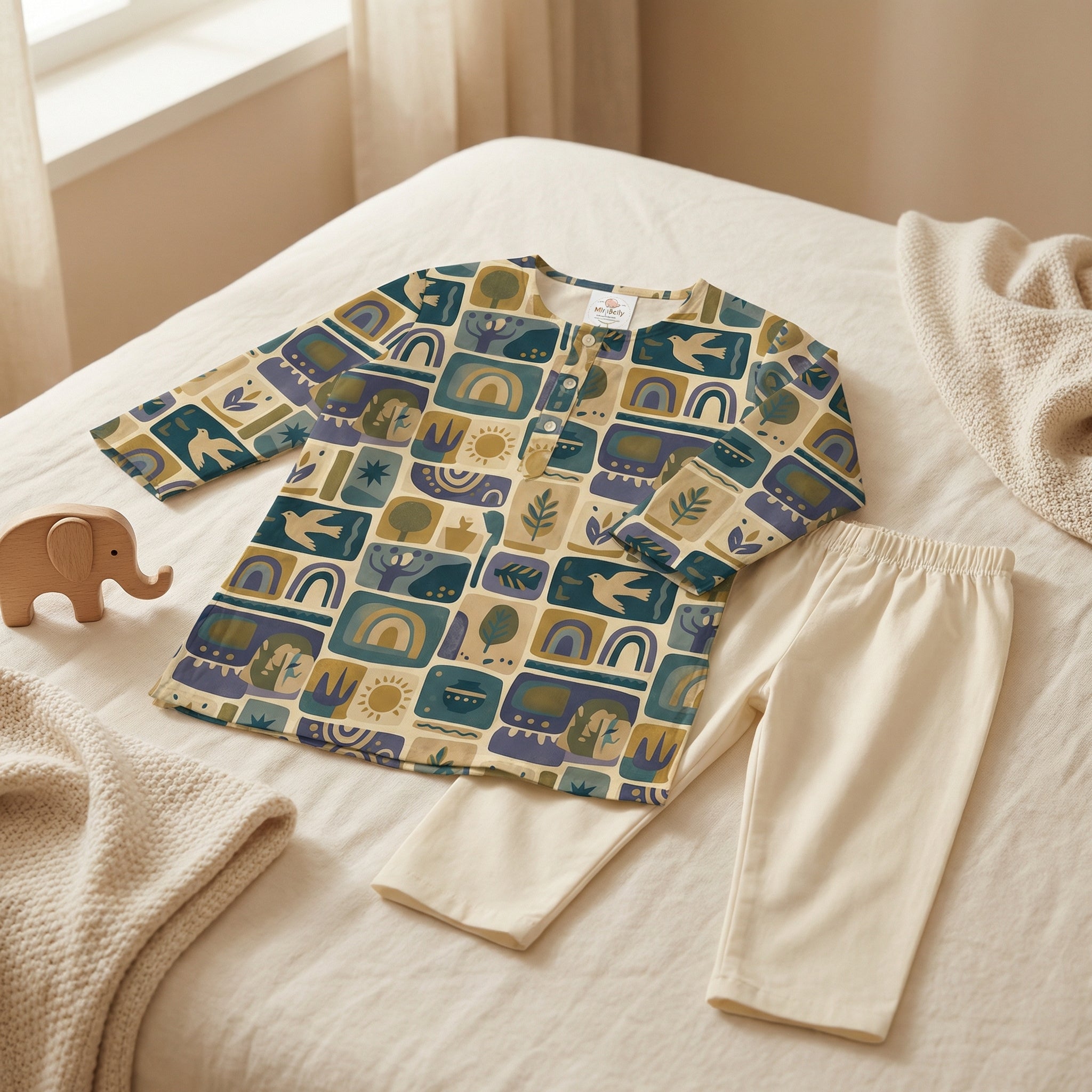 MiniBelly Kurta Pajama Set Geometric folk art collage with birds, sun, and nature motifs 100% Cotton - minibelly
