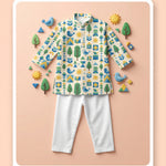 MiniBelly Kurta Pajama Set Geometric folk art collage with birds, sun, and nature motifs 100% Cotton - minibelly