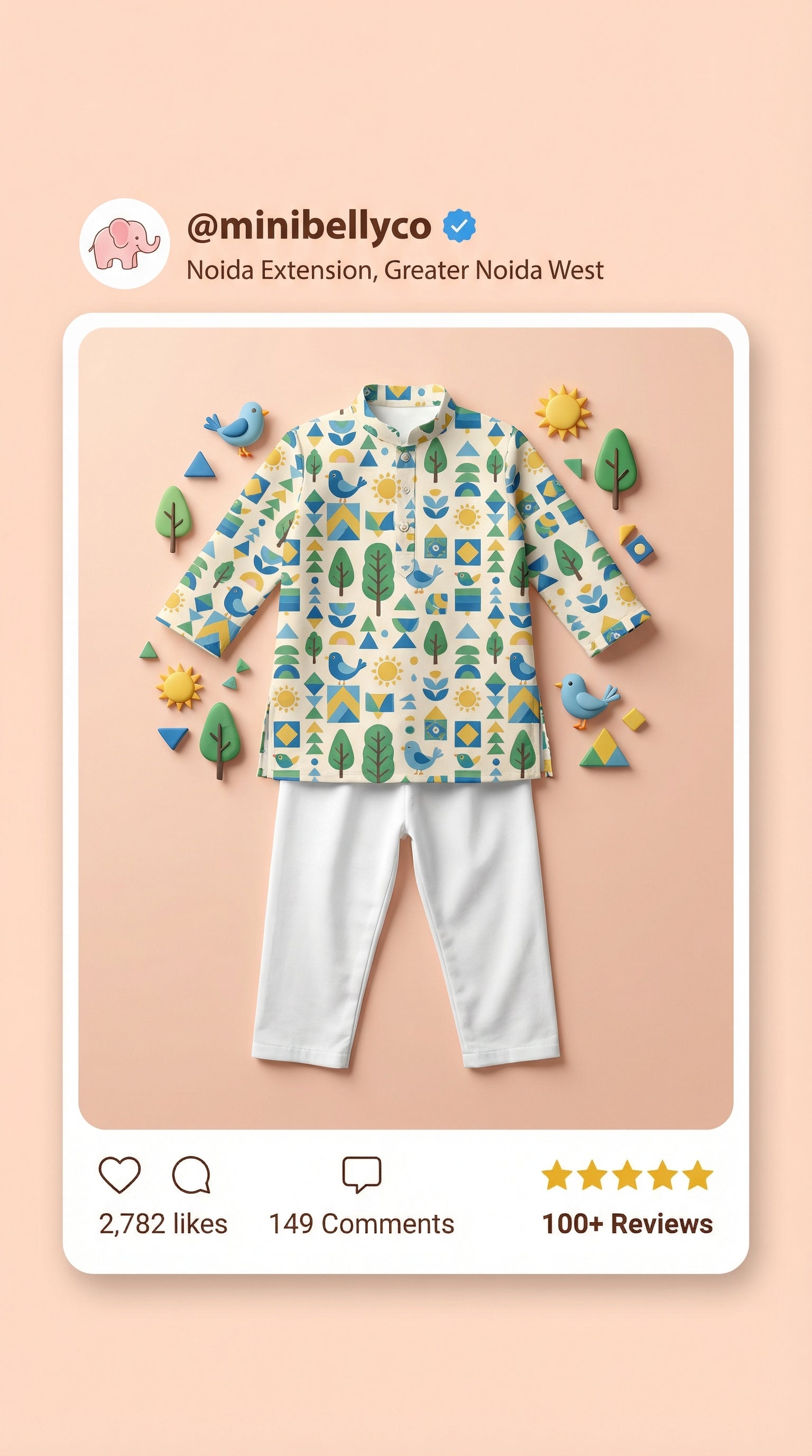 MiniBelly Kurta Pajama Set Geometric folk art collage with birds, sun, and nature motifs 100% Cotton - minibelly