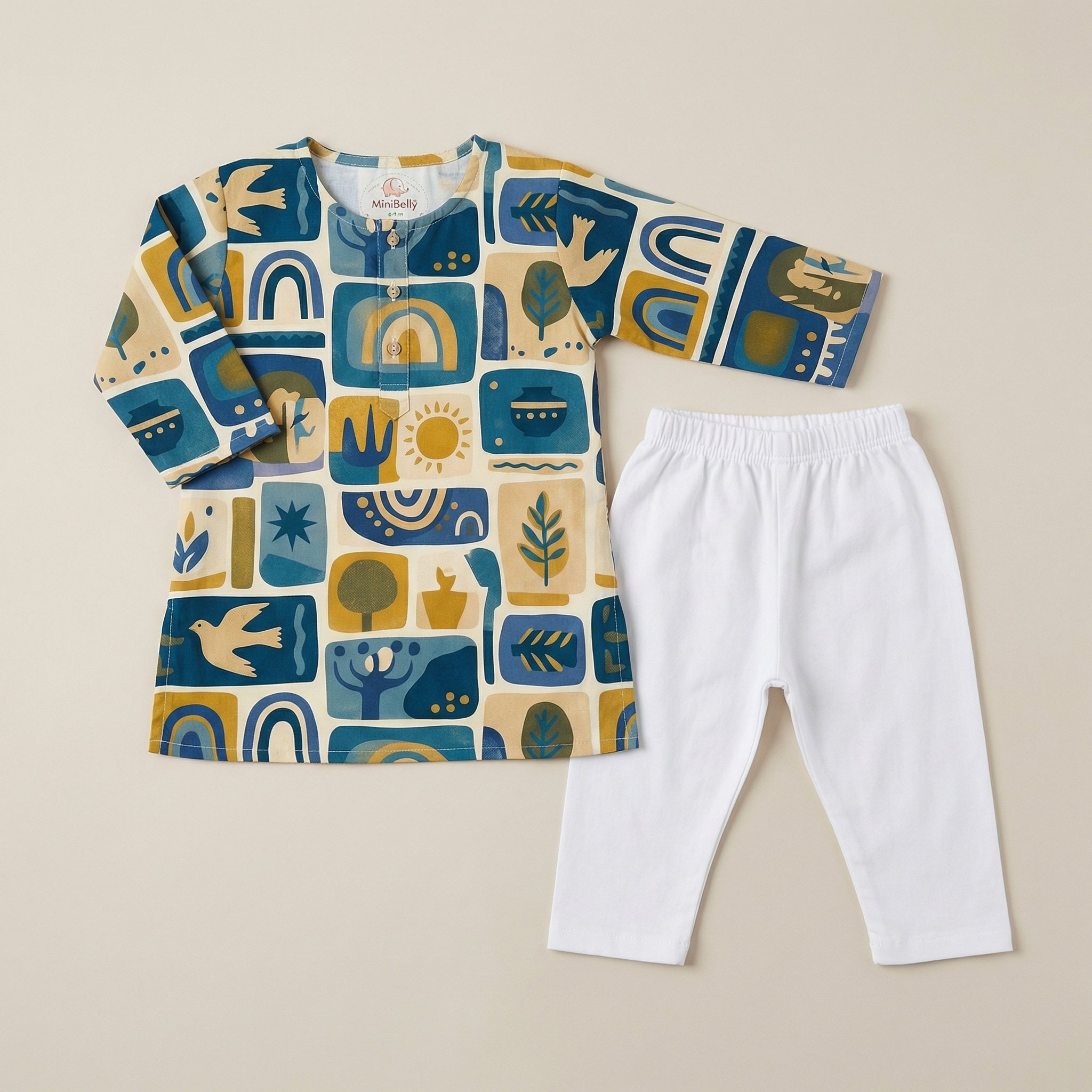 MiniBelly Kurta Pajama Set Geometric folk art collage with birds, sun, and nature motifs 100% Cotton - minibelly