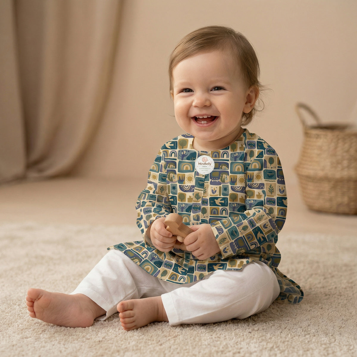MiniBelly Kurta Pajama Set Geometric folk art collage with birds, sun, and nature motifs 100% Cotton - minibelly