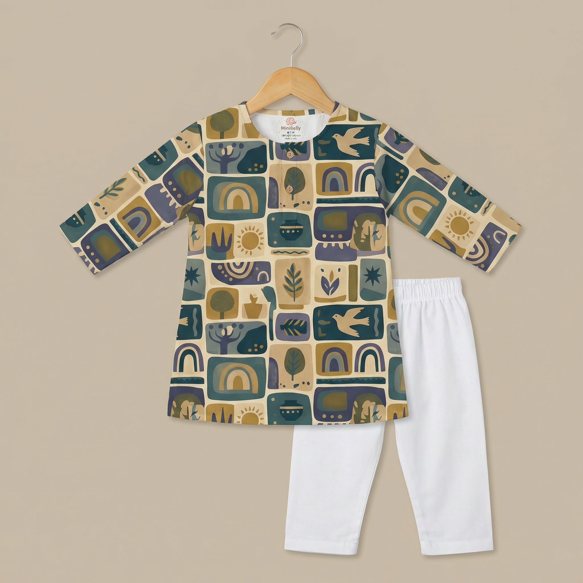 MiniBelly Kurta Pajama Set Geometric folk art collage with birds, sun, and nature motifs 100% Cotton - minibelly