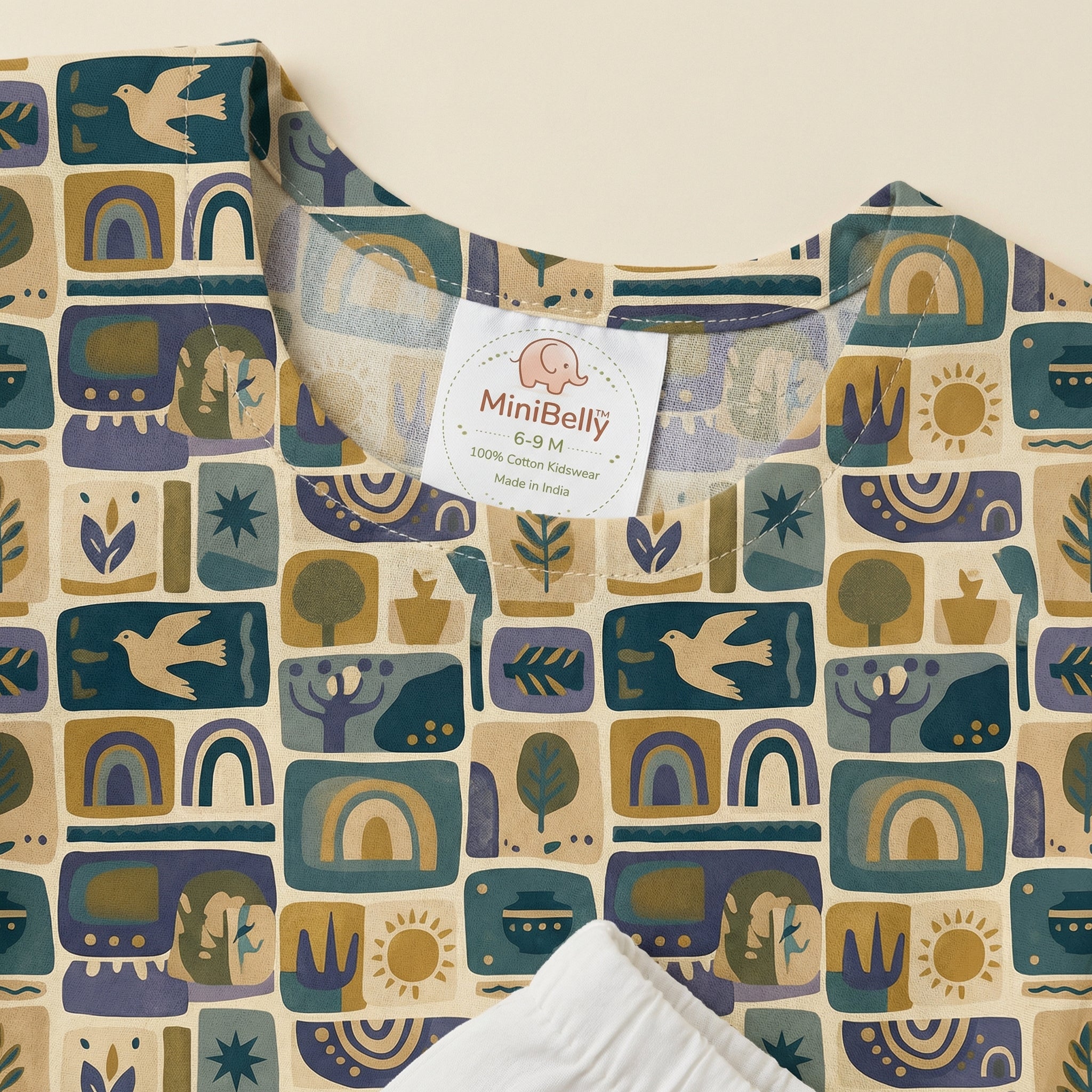 MiniBelly Kurta Pajama Set Geometric folk art collage with birds, sun, and nature motifs 100% Cotton - minibelly