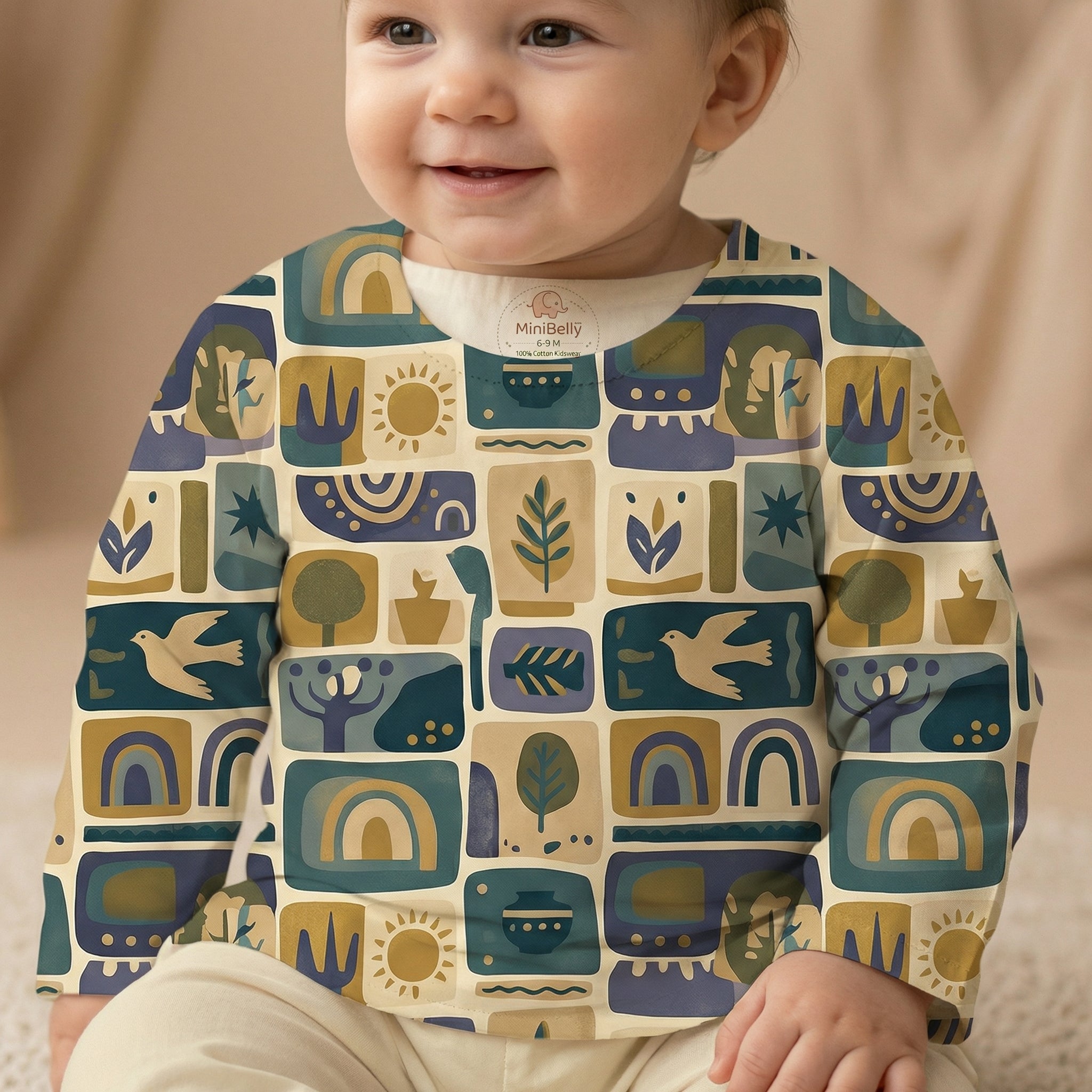 MiniBelly Kurta Pajama Set Geometric folk art collage with birds, sun, and nature motifs 100% Cotton - minibelly