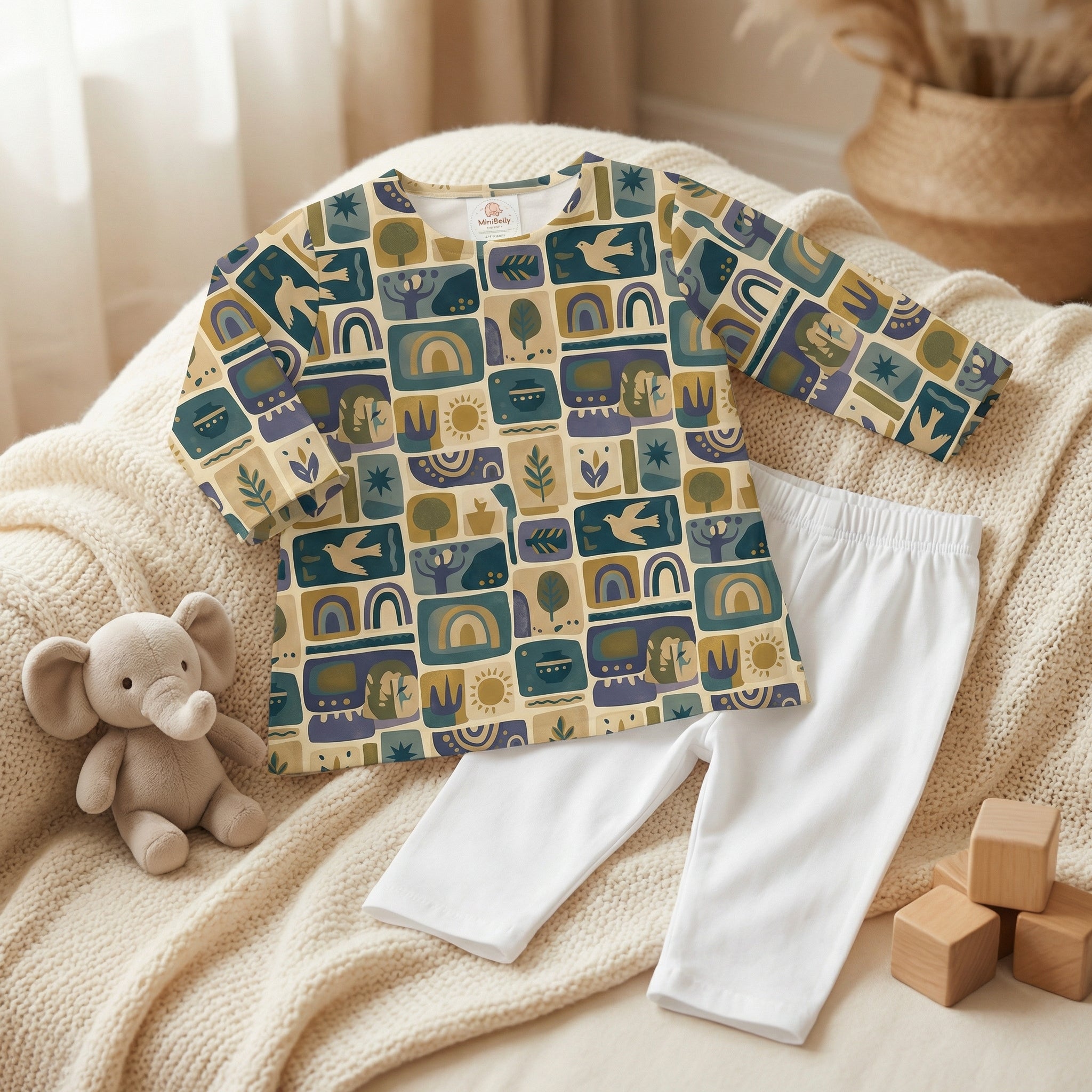 MiniBelly Kurta Pajama Set Geometric folk art collage with birds, sun, and nature motifs 100% Cotton - minibelly