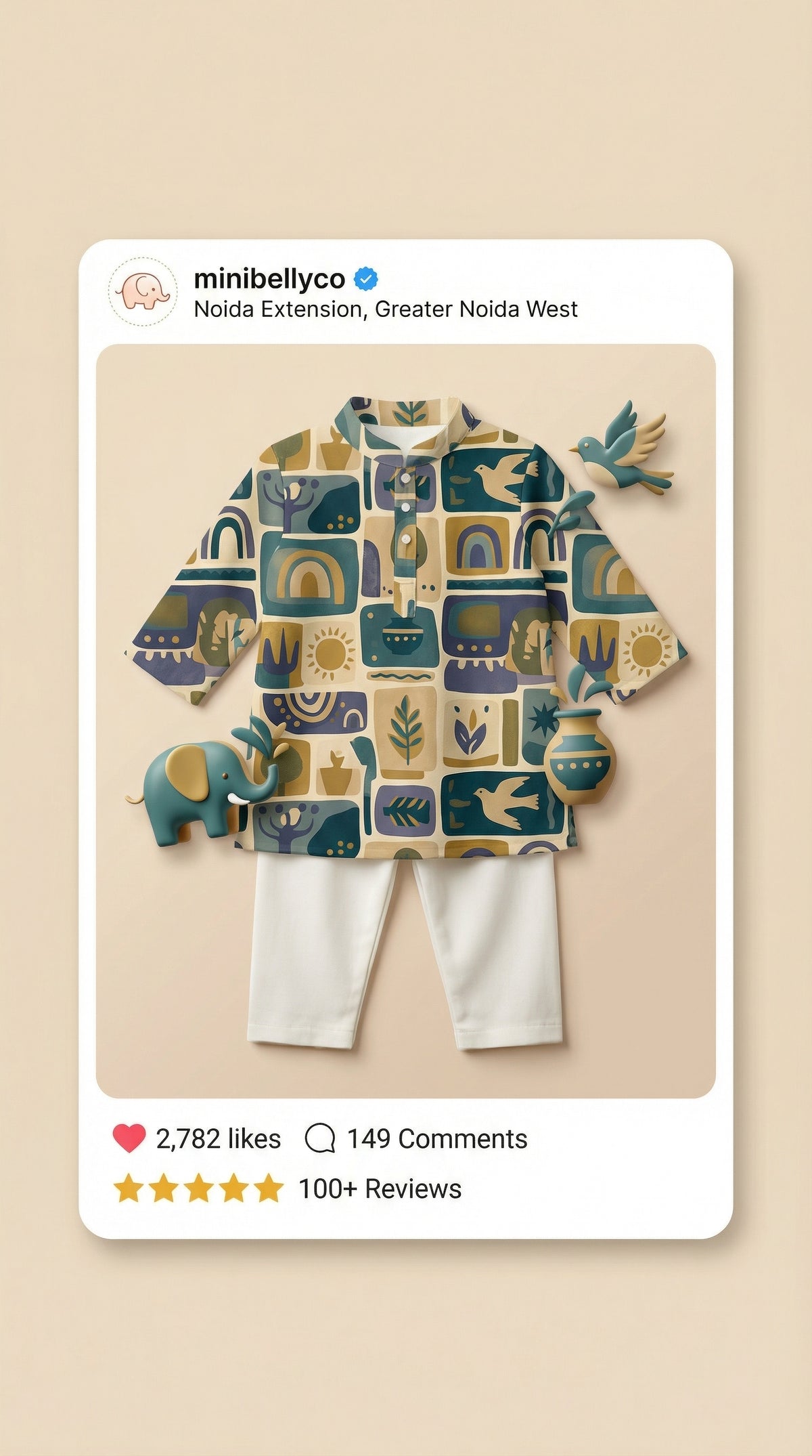 MiniBelly Kurta Pajama Set Geometric folk art collage with birds, sun, and nature motifs 100% Cotton - minibelly