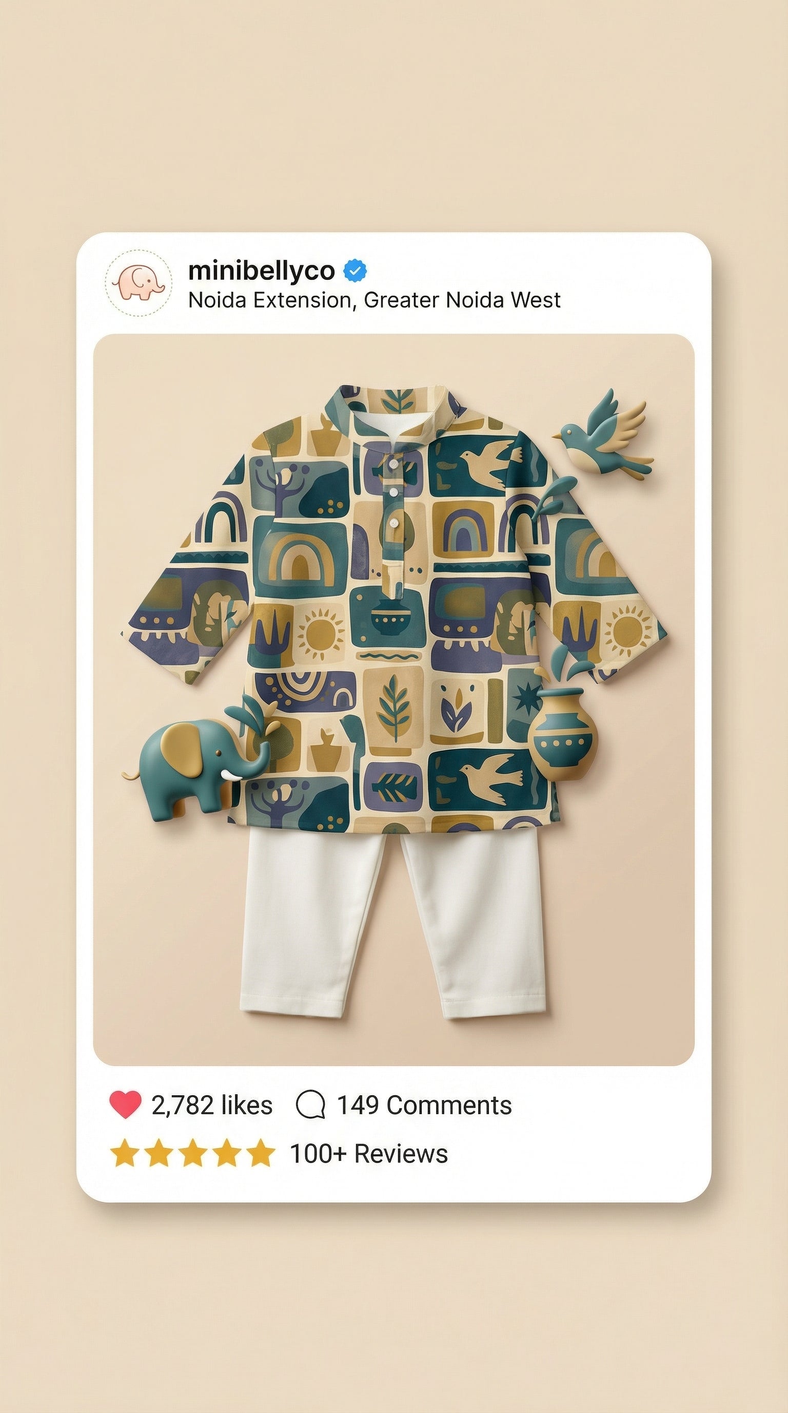 MiniBelly Kurta Pajama Set Geometric folk art collage with birds, sun, and nature motifs 100% Cotton - minibelly