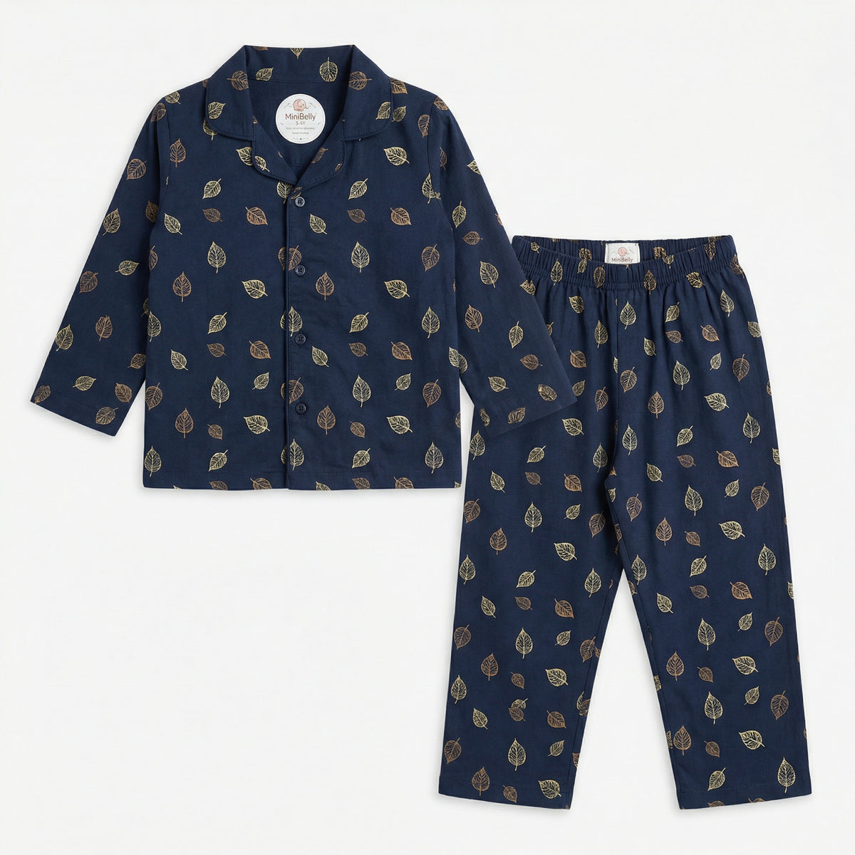100% Cotton Metallic Gold and bronze leaf pattern on navy blue background Night Suit - minibelly