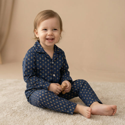 100% Cotton Metallic Gold and bronze leaf pattern on navy blue background Night Suit - minibelly