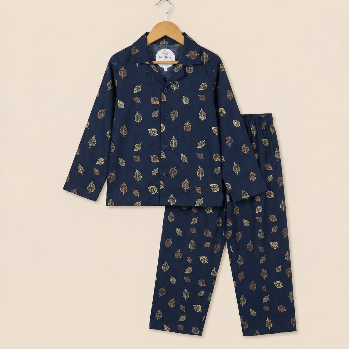 100% Cotton Metallic Gold and bronze leaf pattern on navy blue background Night Suit - minibelly