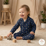 100% Cotton Metallic Gold and bronze leaf pattern on navy blue background Night Suit - minibelly