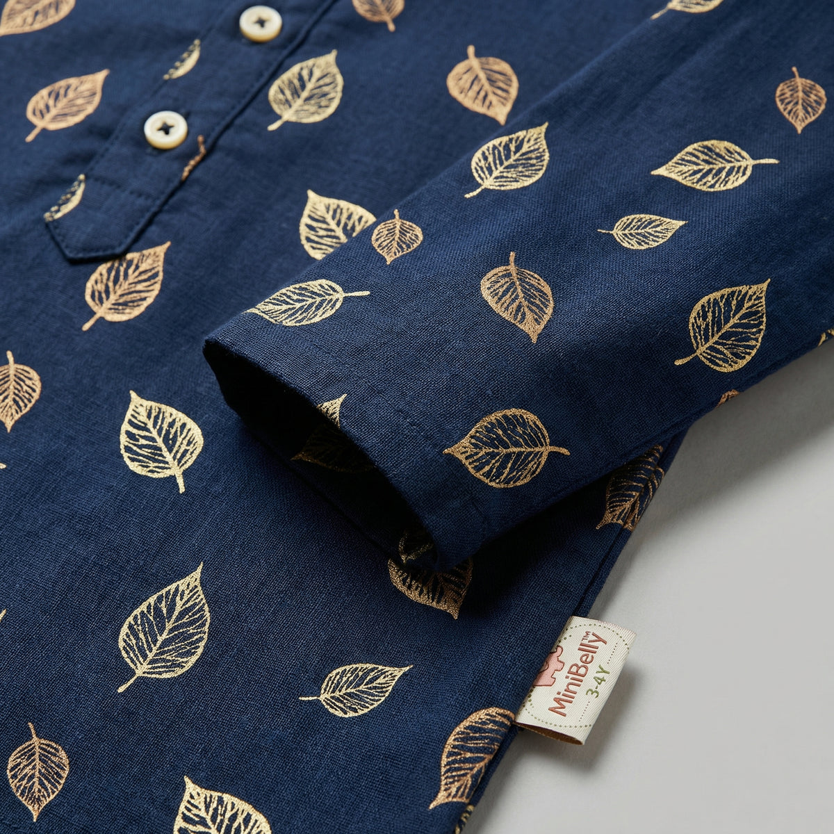100% Cotton Metallic Gold and bronze leaf pattern on navy blue background Night Suit - minibelly