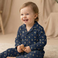 100% Cotton Metallic Gold and bronze leaf pattern on navy blue background Night Suit - minibelly