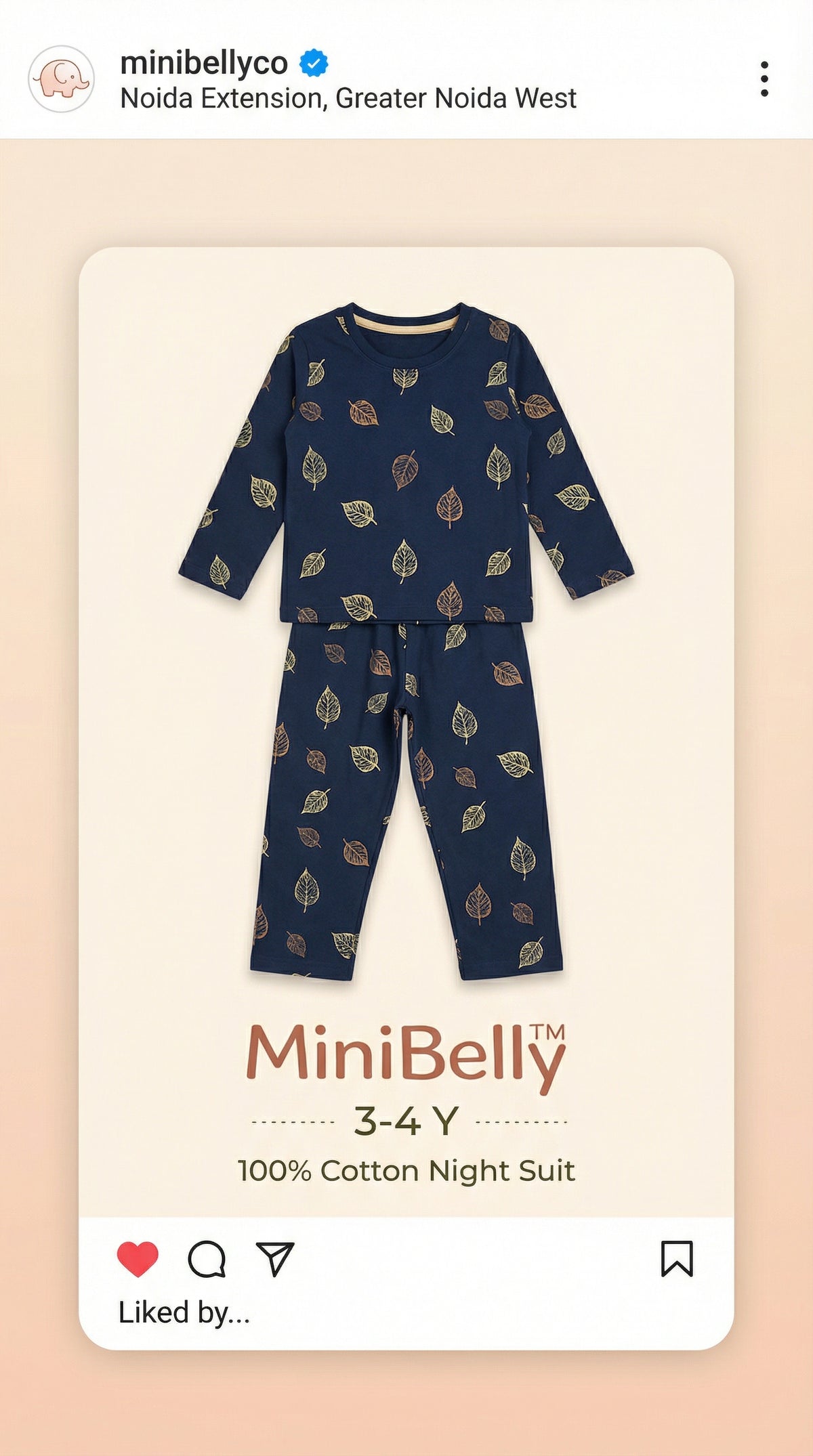 100% Cotton Metallic Gold and bronze leaf pattern on navy blue background Night Suit - minibelly