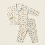 MiniBelly kids' night suit with cute cartoon elephants, giraffes, balloons, and trees on cream cotton fabric for ages 0-6 months