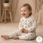 MiniBelly kids' night suit with cute cartoon elephants, giraffes, balloons, and trees in cream cotton fabric for babies 0-6 months.