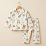 MiniBelly kids' night suit featuring cute cartoon elephants, giraffes, balloons, and trees on 100% cotton cream fabric for ages 0-6 months.