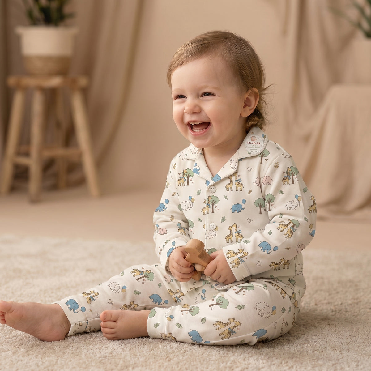 MiniBelly kids night suit with cute cartoon elephants, giraffes, balloons, and trees on 100% cotton fabric for infants 0-6 months