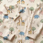 MiniBelly kids night suit with cute cartoon elephants, giraffes, balloons, and trees on cream cotton fabric for ages 0-6 months.