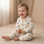 MiniBelly kids night suit with cute cartoon elephants, giraffes, balloons, and trees on cream cotton fabric for ages 0-6 months.