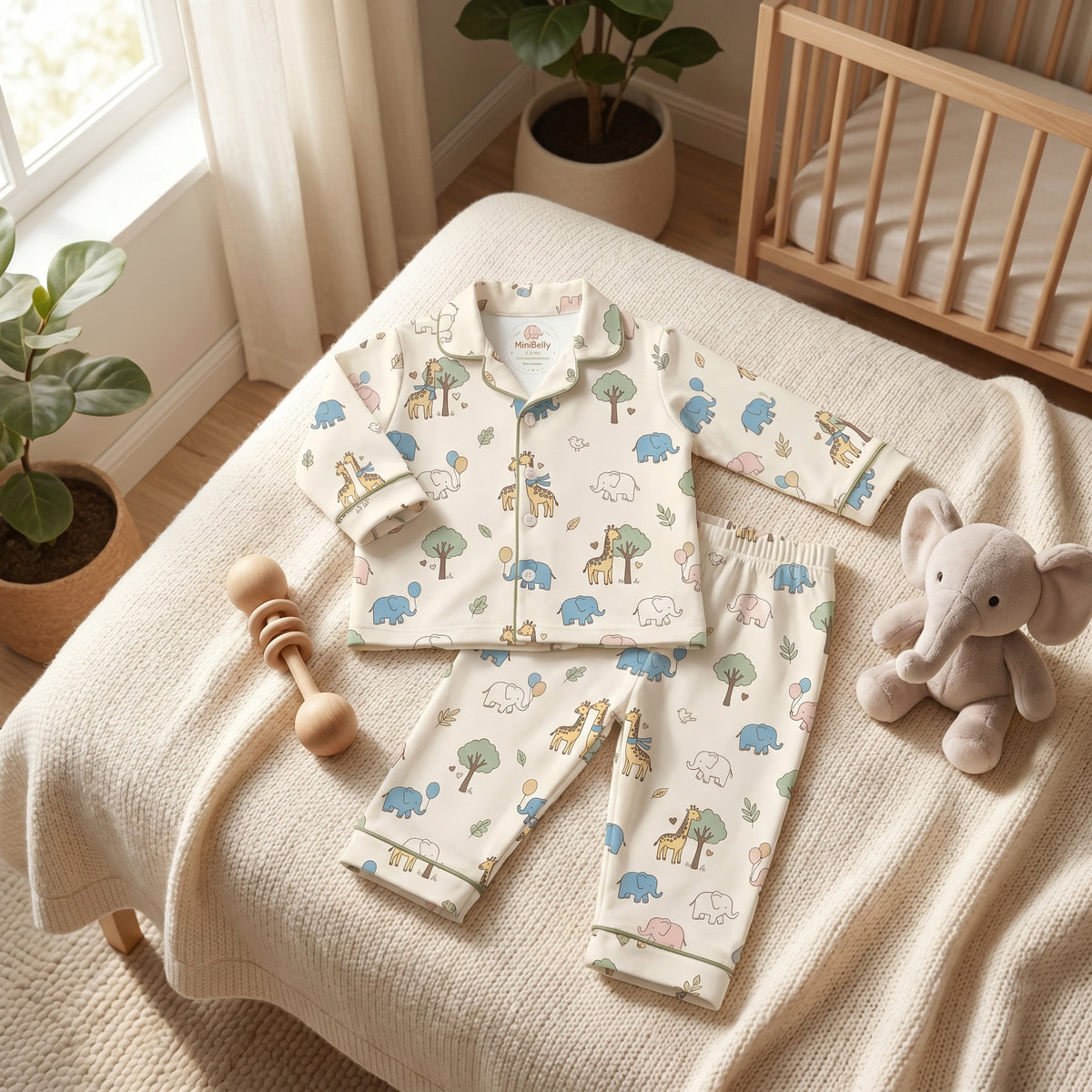 MiniBelly kids night suit with cute cartoon elephants, giraffes, balloons, and trees in cream cotton for 0-6 months.