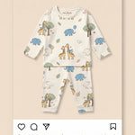 MiniBelly kids' night suit with cute cartoon elephants, giraffes, balloons, and trees on cream 100% cotton fabric for ages 0-6 months