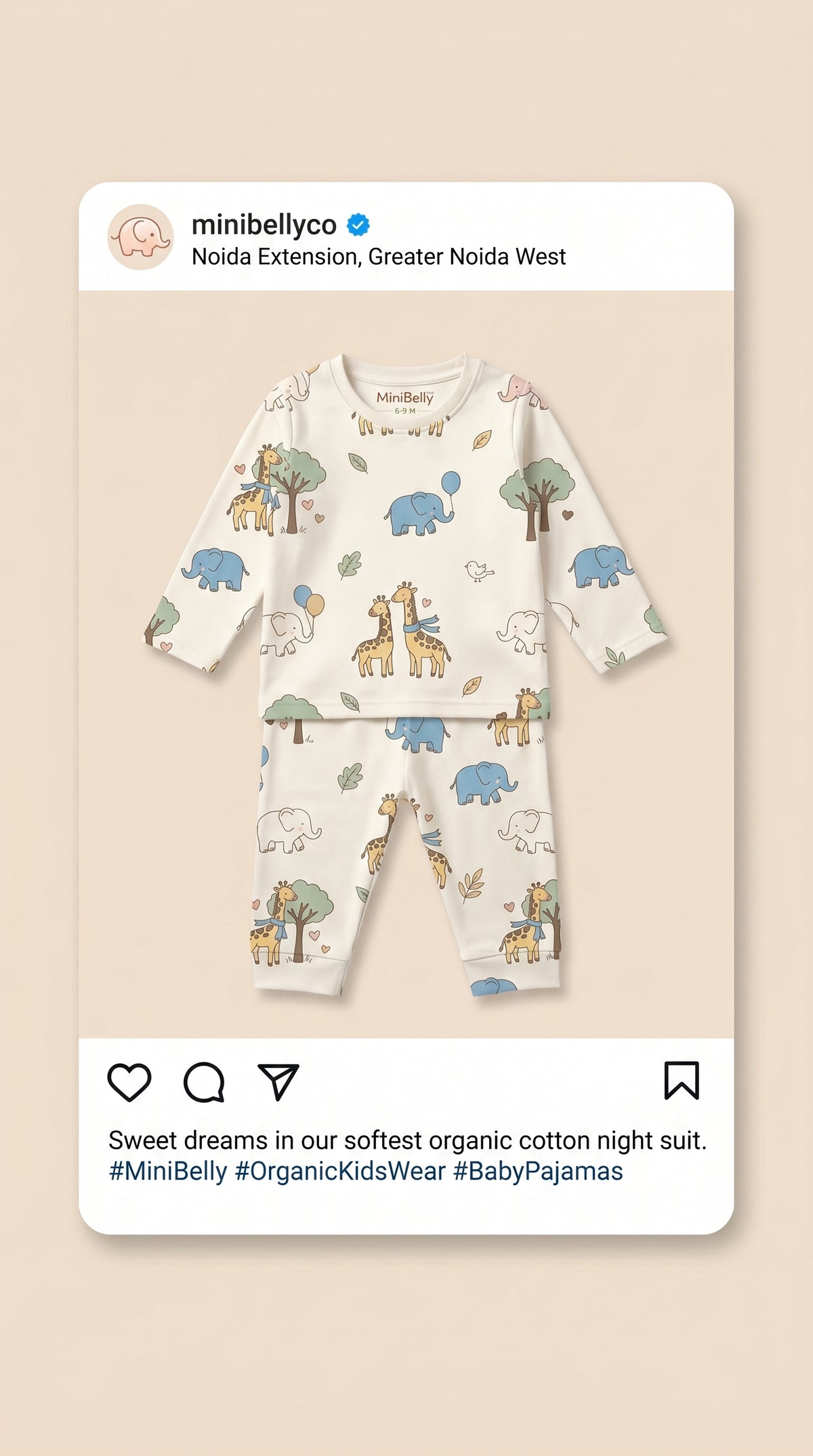 MiniBelly kids' night suit with cute cartoon elephants, giraffes, balloons, and trees on cream 100% cotton fabric for ages 0-6 months