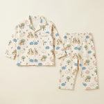 MiniBelly kids' night suit with cute cartoon elephants, giraffes, balloons, and trees in a cream cotton fabric for ages 0-12 months.