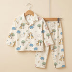 MiniBelly kids' night suit with cute cartoon elephants, giraffes, balloons, and trees in 100% cotton for infants 0-12 months.