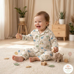 MiniBelly kids night suit with cute cartoon elephants, giraffes, balloons, and trees in 100% cotton for ages 0-6 months.