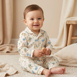 MiniBelly kids night suit featuring cute cartoon elephants, giraffes, balloons, and trees on 100% cotton fabric for infants.