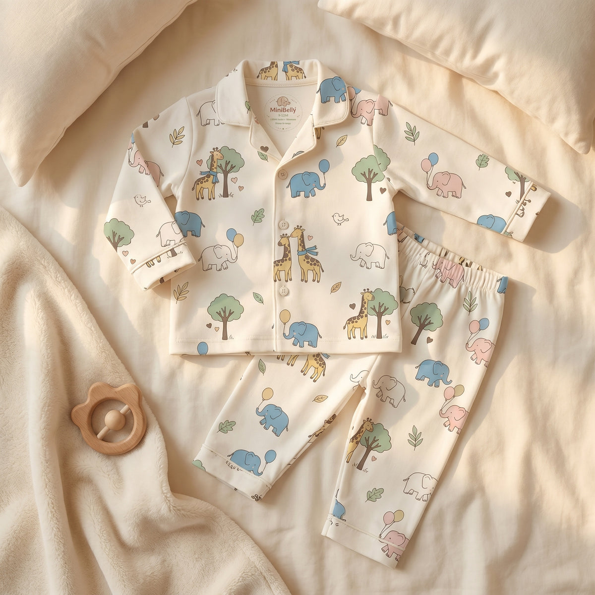 MiniBelly kids' night suit for 0-12 months featuring cute cartoon elephants, giraffes, balloons, and trees on cream cotton fabric.