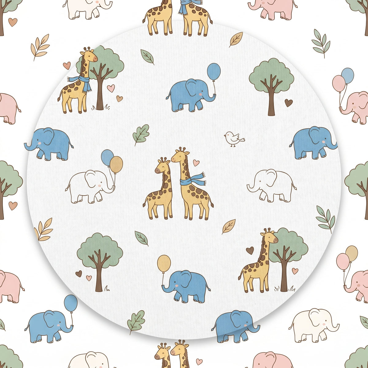MiniBelly kids' night suit featuring cute cartoon elephants and giraffes with balloons and trees on soft cotton fabric.
