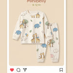 MiniBelly kids' night suit with cartoon elephants, giraffes, balloons, and trees in cream 100% cotton, suitable for ages 0-12 months