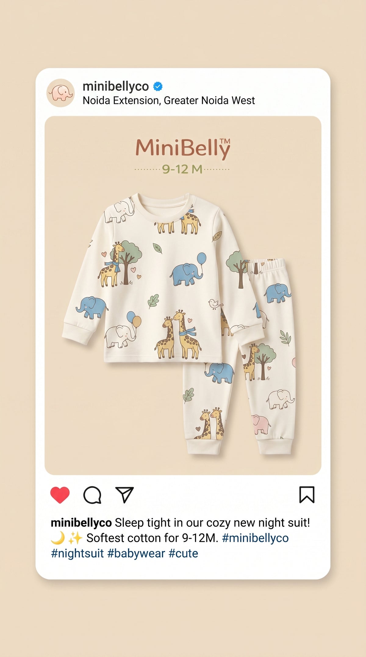 MiniBelly kids' night suit with cartoon elephants, giraffes, balloons, and trees in cream 100% cotton, suitable for ages 0-12 months