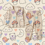 MiniBelly kids night suit with soft cream stripes featuring animal, ghost, cloud, and mushroom patterns in 100% cotton.