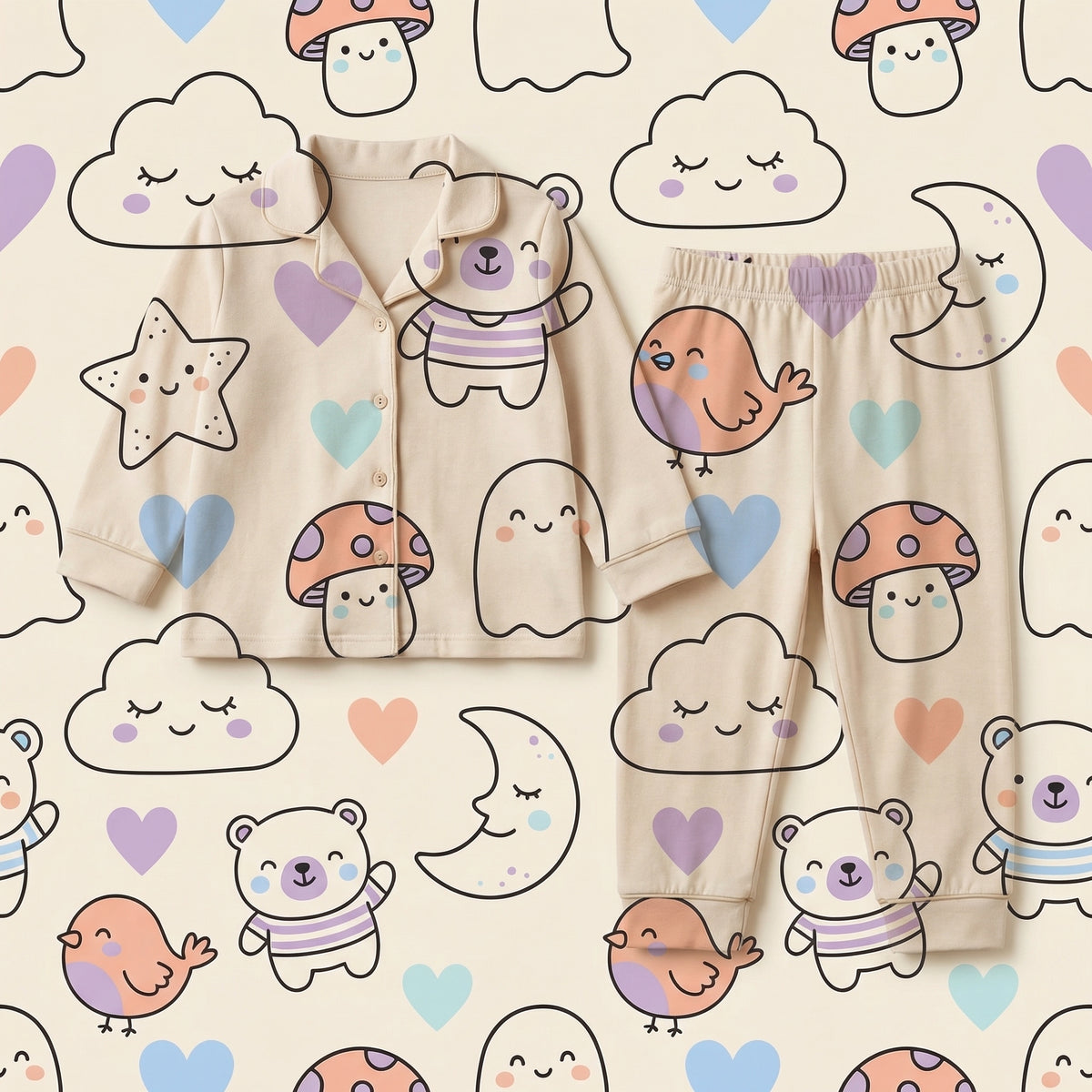 MiniBelly kids night suit with soft cream stripes featuring animal, ghost, cloud, and mushroom patterns in 100% cotton.