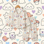 MiniBelly Kids Night Suit in cream with soft stripe pattern, featuring animals, ghosts, clouds, and mushrooms on 100% cotton fabric.