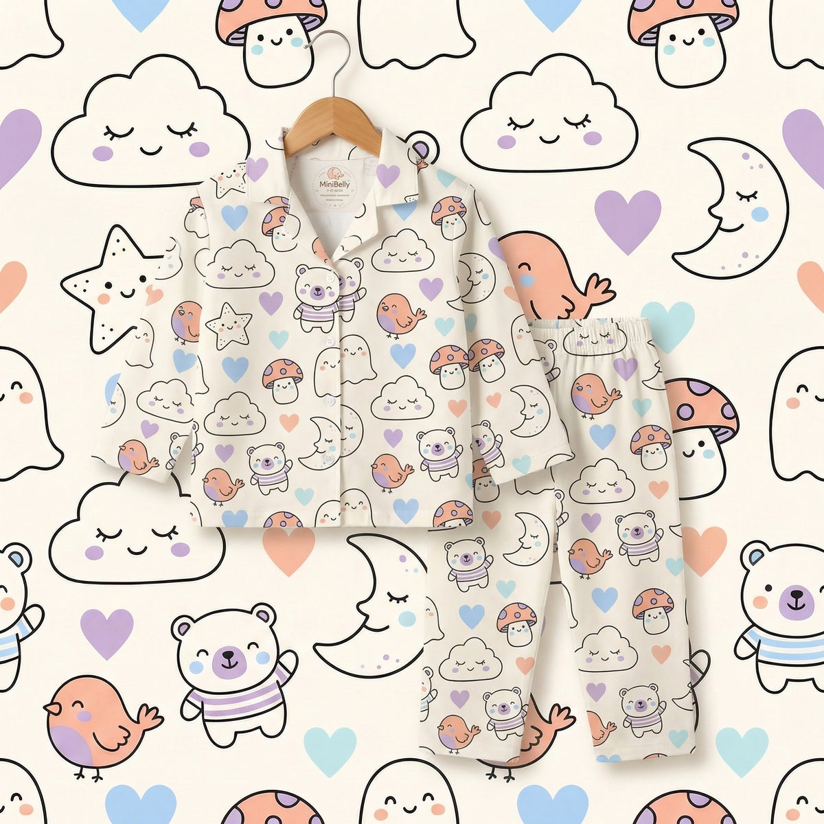 MiniBelly Kids Night Suit in cream with soft stripe pattern, featuring animals, ghosts, clouds, and mushrooms on 100% cotton fabric.