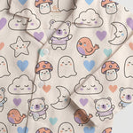 MiniBelly kids' night suit in soft fabric with animal, ghost, cloud, and mushroom patterns, 100% cotton, cream color.