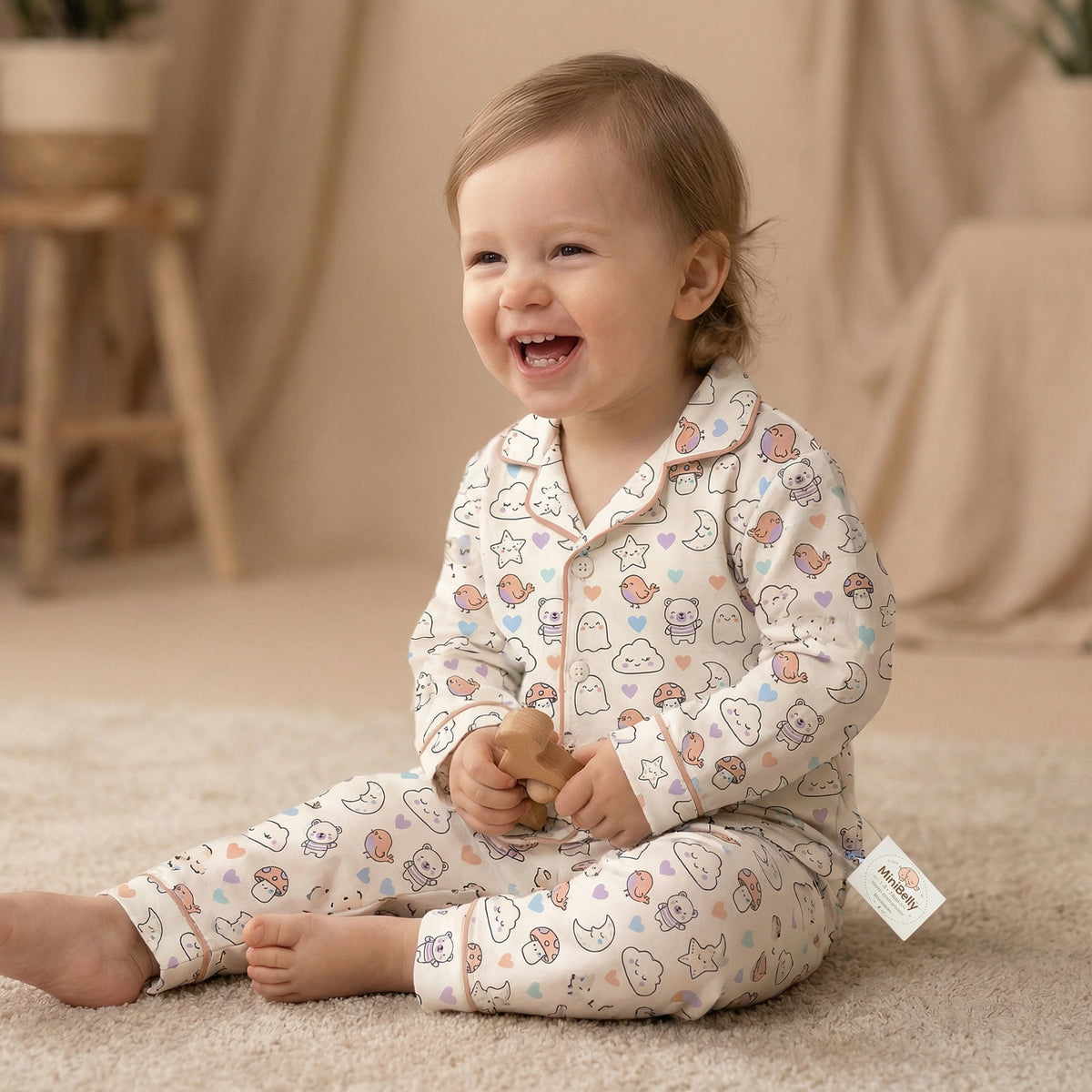 MiniBelly kids night suit with soft striped 100% cotton fabric featuring animals, ghosts, clouds, and mushrooms for ages 0-2 years.