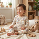 MiniBelly kids' night suit in cream with soft stripes, featuring animal, ghost, cloud, and mushroom patterns, made of 100% cotton.