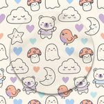 MiniBelly kids' night suit with soft striped cream fabric featuring cute animals, ghosts, clouds, and mushrooms, 100% cotton.