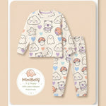 MiniBelly kids' night suit with soft cream stripes, featuring cute animals, ghosts, clouds, and mushrooms in 100% cotton fabric.
