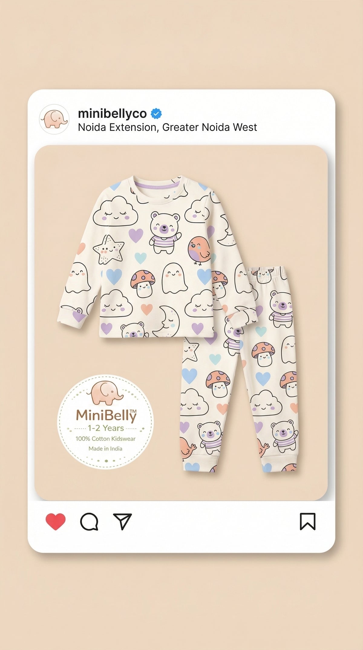 MiniBelly kids' night suit with soft cream stripes, featuring cute animals, ghosts, clouds, and mushrooms in 100% cotton fabric.