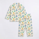 MiniBelly kids' night suit with cute animal faces and rainbow pattern in soft 100% cotton for ages 0-2 years.